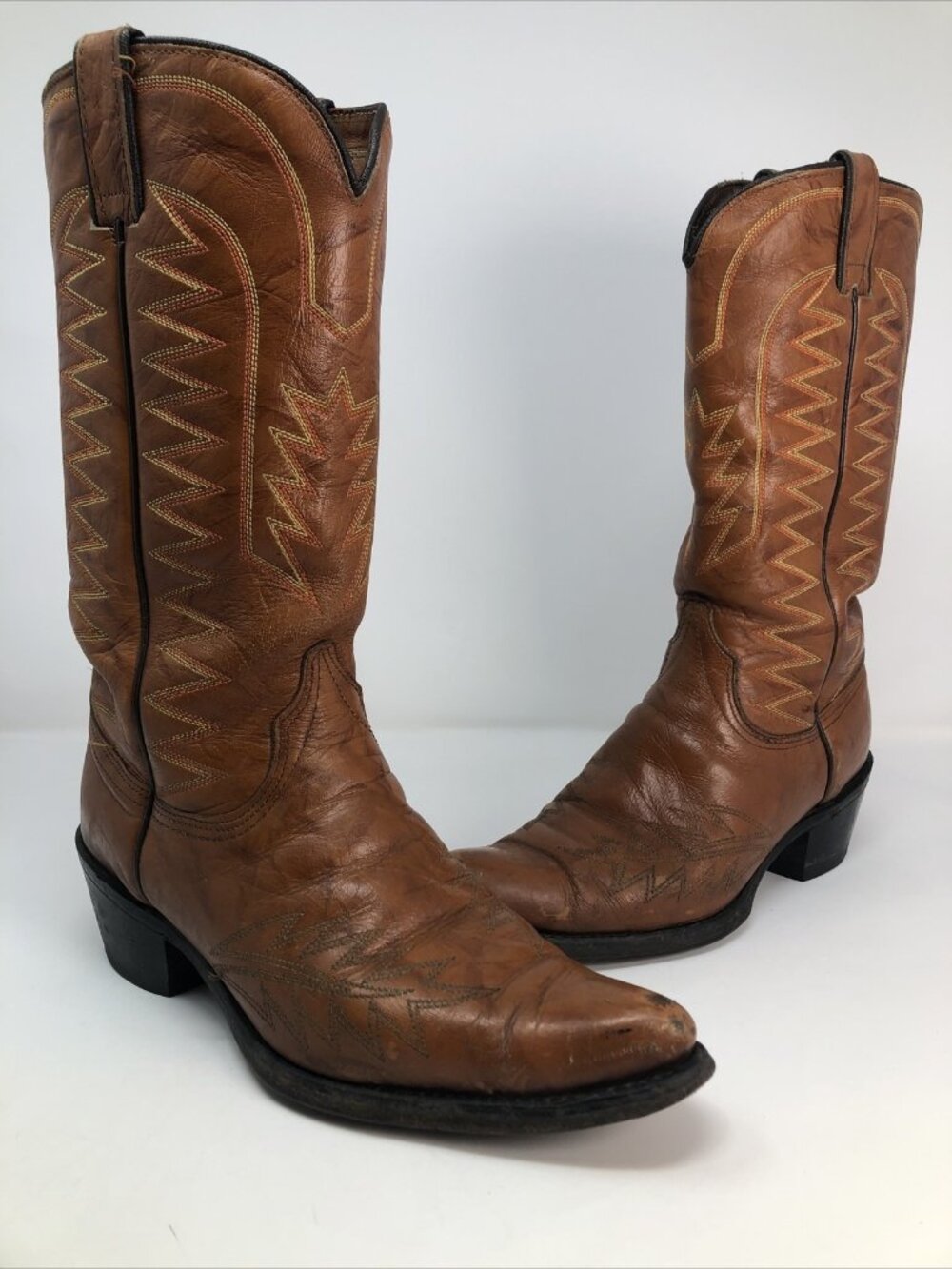 Wrangler Boots Mens 7.5D Tan Embroidered Leather Pointed Toe Western Vintage